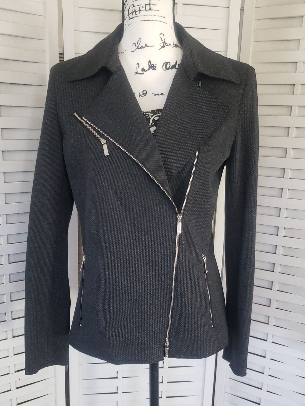 Lafayette 248 Womens Asymmetrical Zip Dark Gray Textured Jacket Size 4